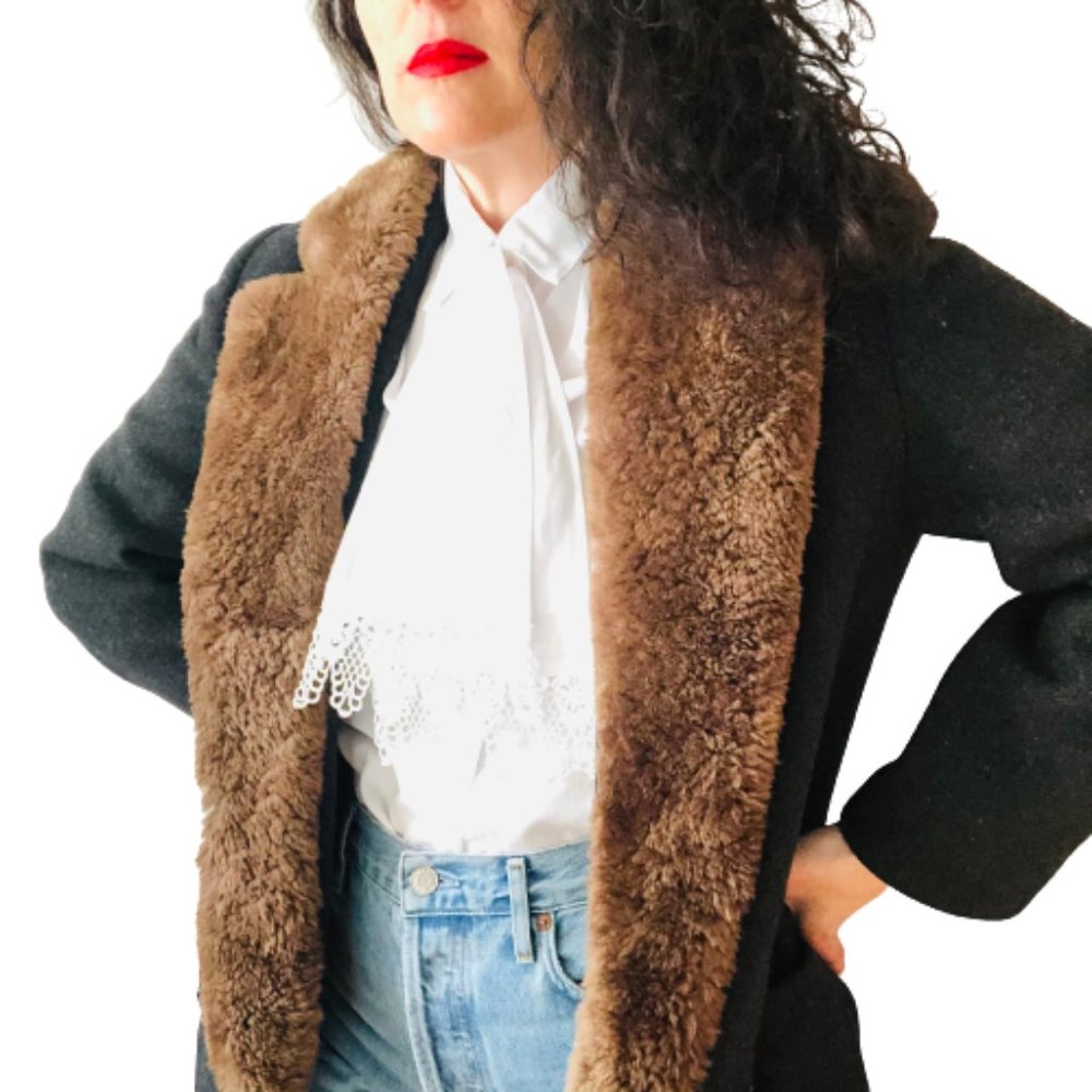 Vintage Perry Ellis Gray 100% Wool Fur Collar Dark Academia Coat USA ILGWU Made - Picture 7 of 16